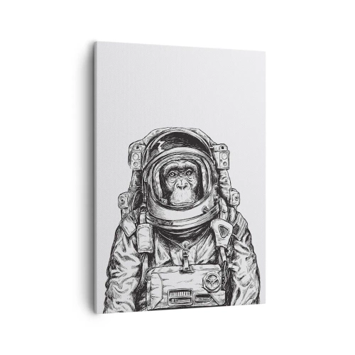 Obraz na płótnie - Czarno-biały rysunek małpy w skafandrze astronauty na białym tle - 50x70cm - Alternatywna ewolucja - Nowoczesna dekoracja ścienna do salonu, kuchni i sypialni ARTTOR