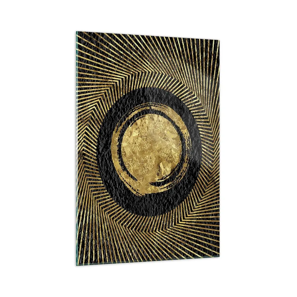Obraz na szkle - Geometryczna kompozycja w czerni i złocie z promieniami - 70x100cm - Kompozycja glamour - Nowoczesna dekoracja ścienna do salonu i sypialni ARTTOR