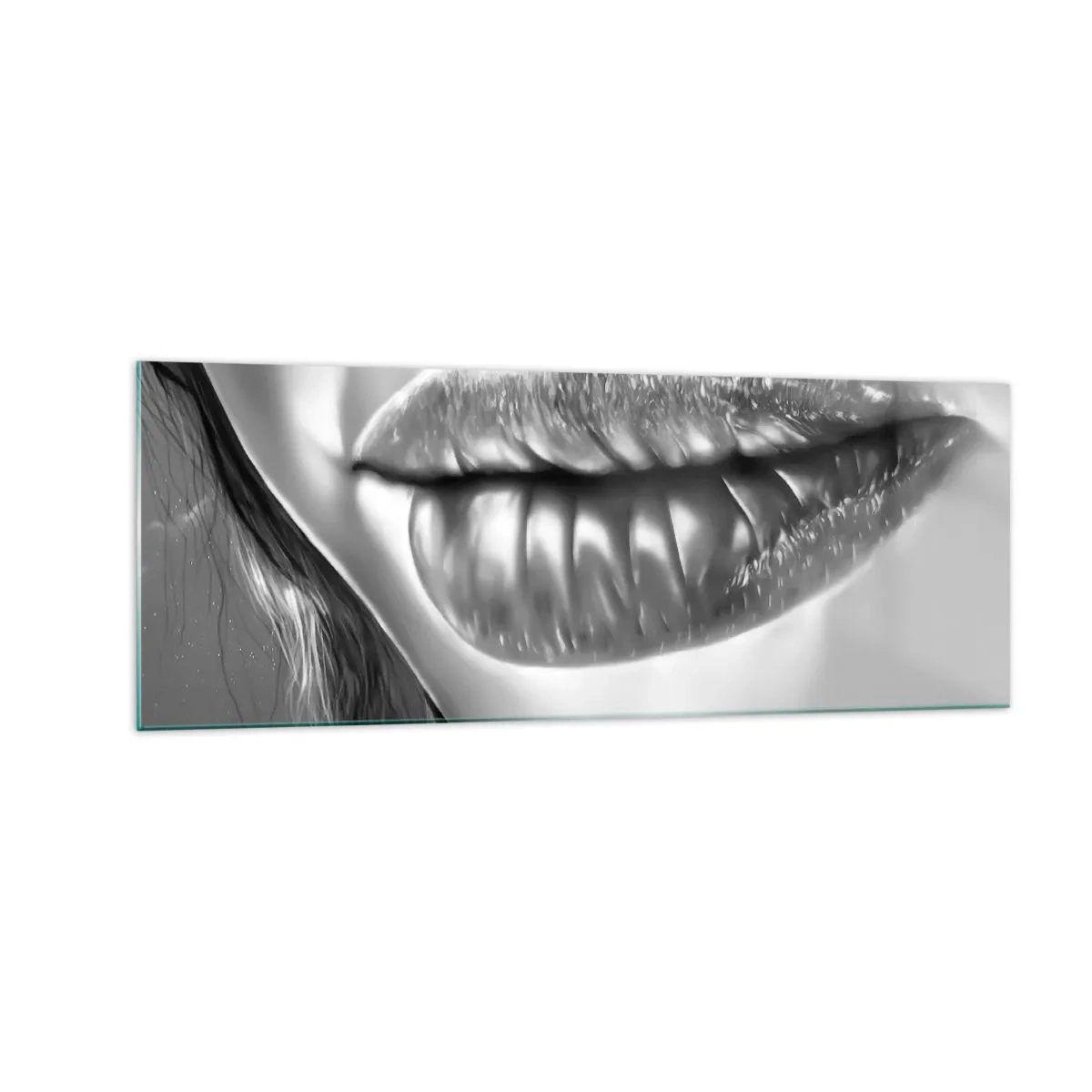 Obraz na szkle - Czarno-białe zbliżenie kobiecych ust z efektem połysku i detalami - 140x50cm - Wiem, o czym myślisz… - Nowoczesna dekoracja ścienna do salonu i sypialni ARTTOR