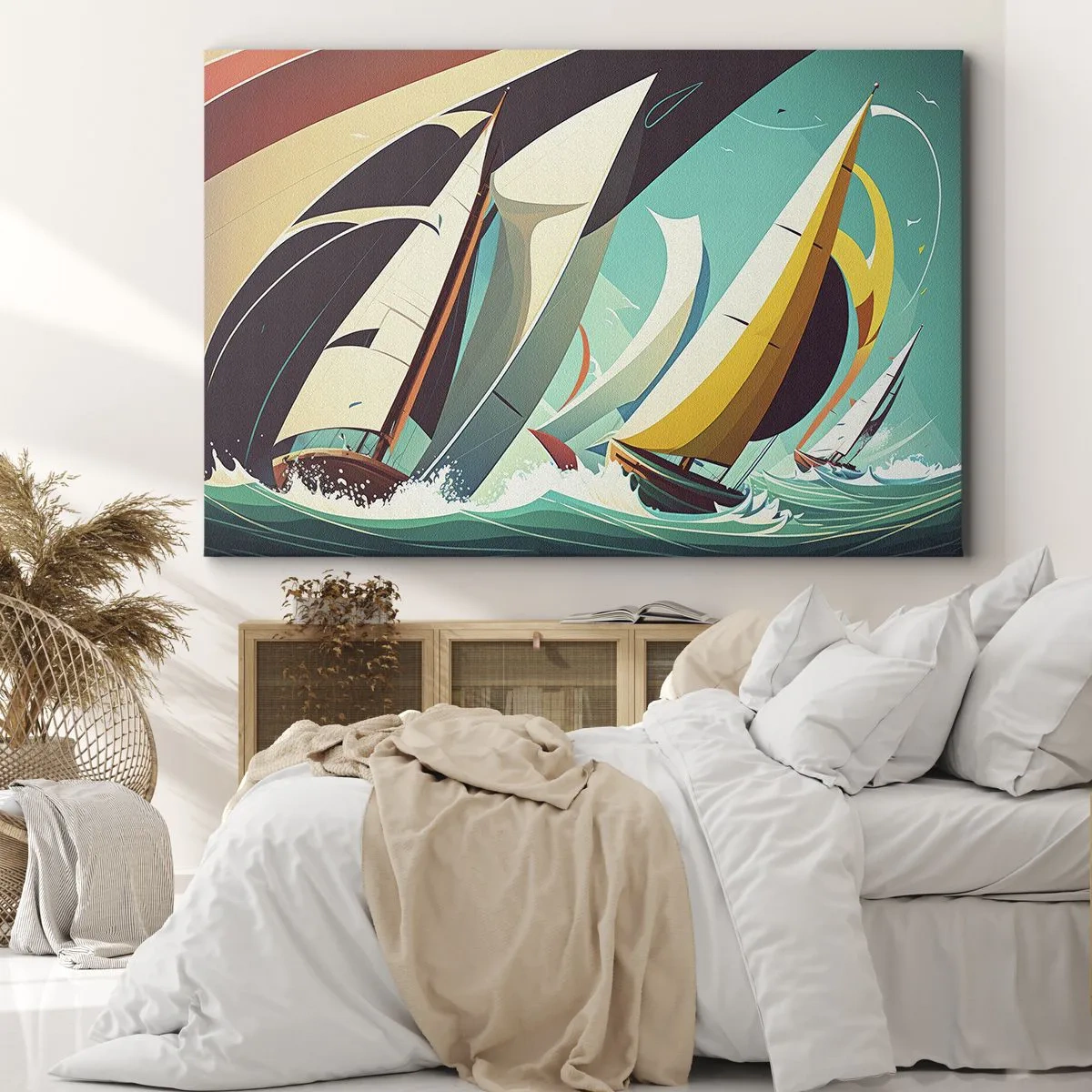 Obraz na płótnie - Dynamiczna ilustracja żaglówek na wzburzonym morzu - 70x50cm - Z żywiołami za pan brat - Nowoczesna dekoracja ścienna do salonu i sypialni ARTTOR