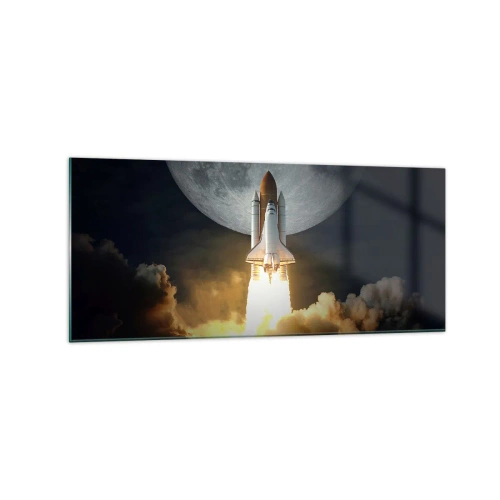 Obraz na szkle - Rakieta startująca na tle pełni księżyca w otoczeniu dynamicznych chmur - 120x50cm - Początek nieziemskiej przygody - Nowoczesna dekoracja ścienna do salonu i sypialni ARTTOR
