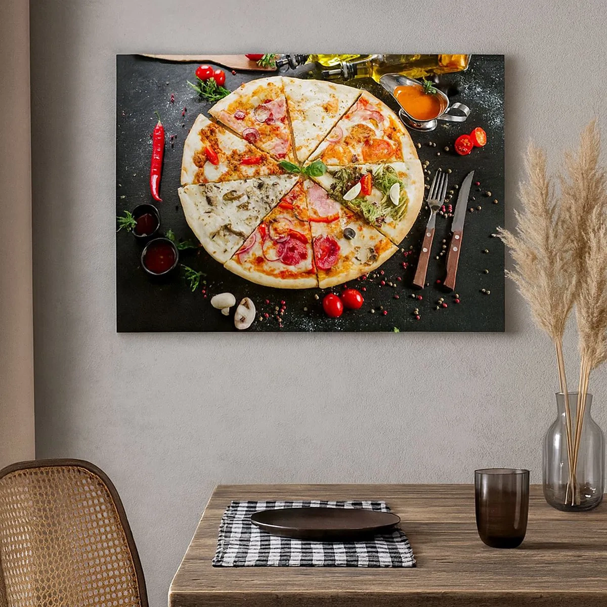 Obraz na płótnie - Pizza w różnych smakach na tle z dodatkami - 70x50cm - Wachlarz smaków - Nowoczesna dekoracja ścienna do salonu i sypialni ARTTOR