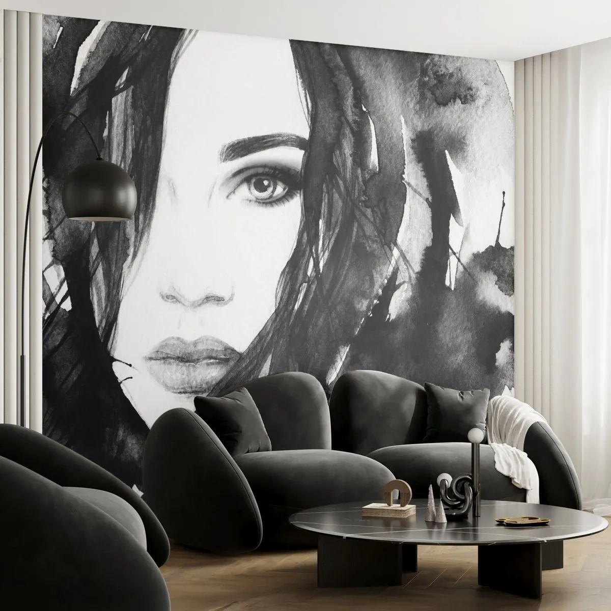 Fototapeta Samoprzylepna Deluxe Sticker - Portret damy w czerni i bieli - Abstrakcja, Kobieca Twarz, Portret - 250x175 cm