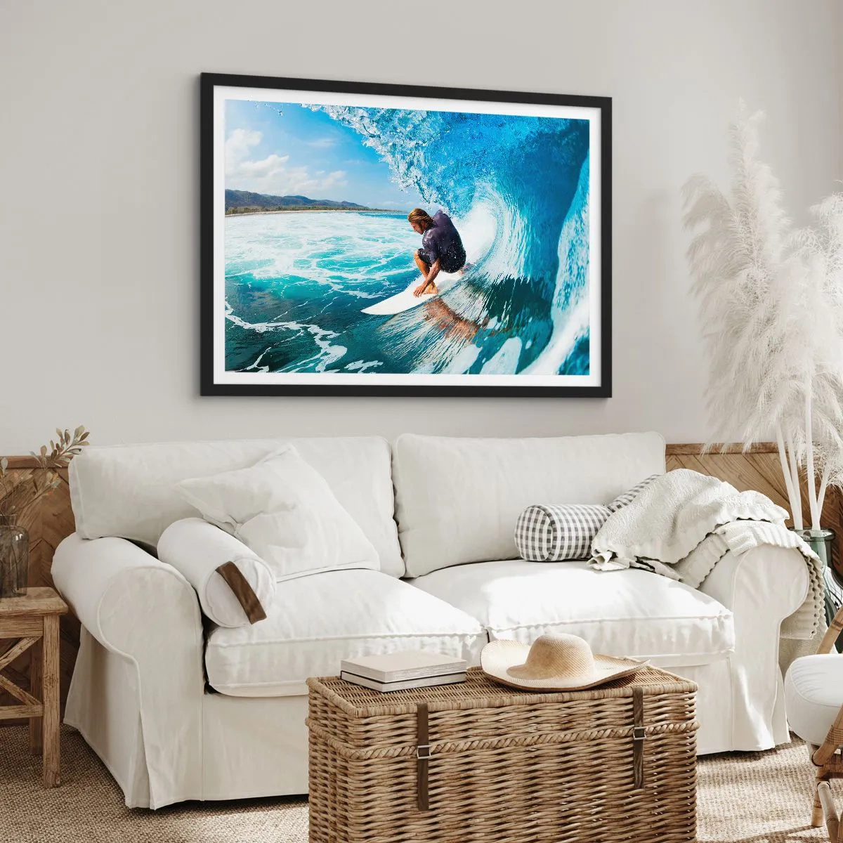 Plakat w czarnej ramie - Surfer w dynamicznej pozie na fali w turkusowej wodzie - 100x70cm - Tańczący z falami - Nowoczesna dekoracja ścienna do salonu i sypialni ARTTOR