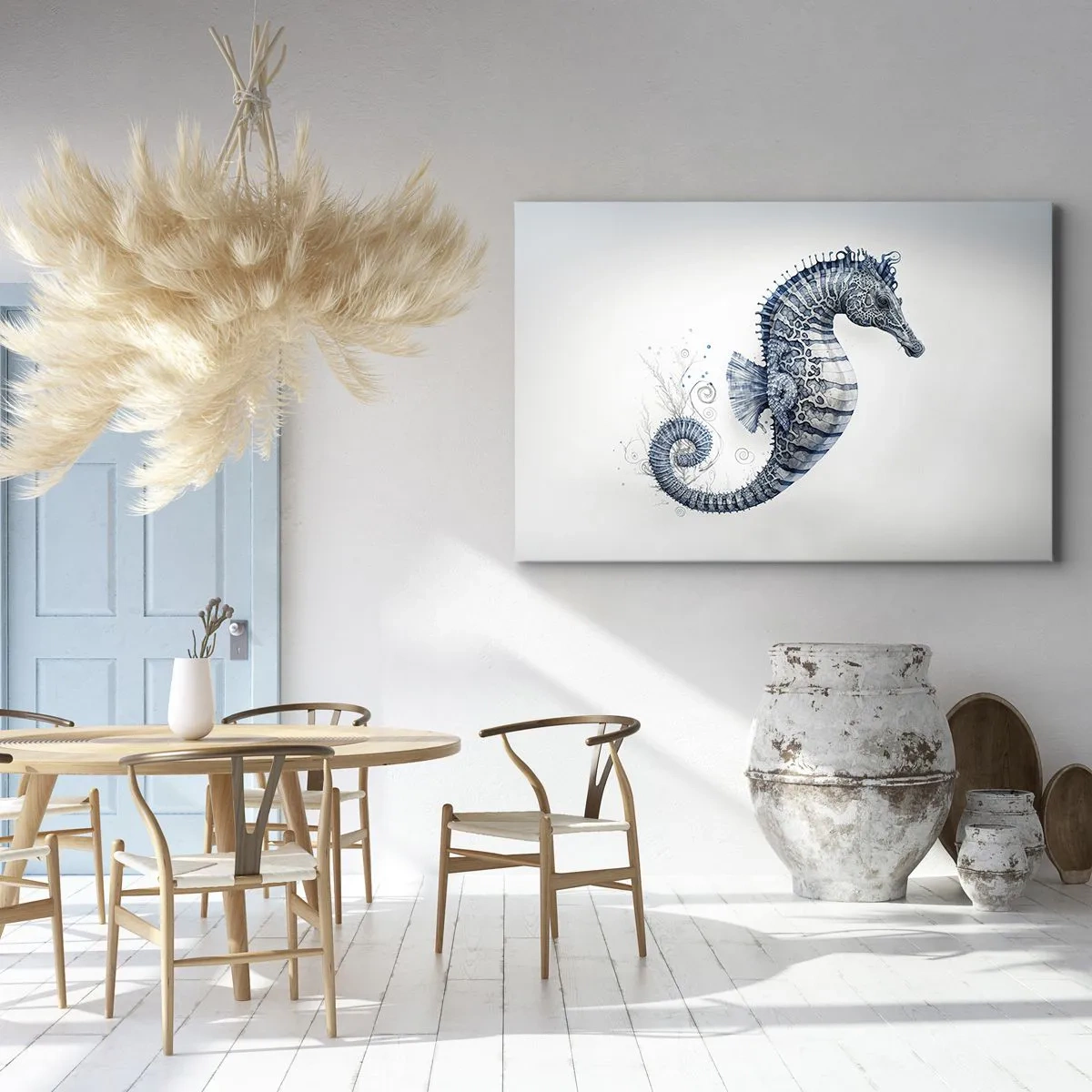 Obraz na płótnie - Konik morski w odcieniach niebieskiego z detalami akwareli - 70x50cm - Subtelny żart natury - Nowoczesna dekoracja ścienna do salonu i sypialni ARTTOR