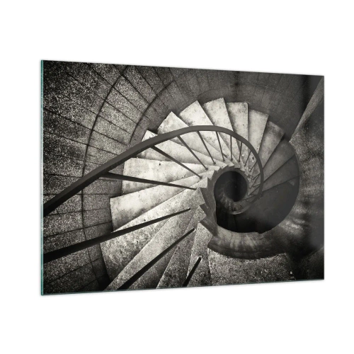 Obraz na szkle - Czarno-białe spiralne schody z perspektywy lotu ptaka - 100x70cm - Schodami w górę, schodami w dół - Nowoczesna dekoracja ścienna do salonu, kuchni i sypialni ARTTOR