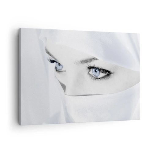 Obraz na płótnie - Portret kobiety z błękitnymi oczami ukrytej za białym welonem - 70x50cm - Wprost z tysiąca i jednej nocy - Nowoczesna dekoracja ścienna do salonu i sypialni ARTTOR