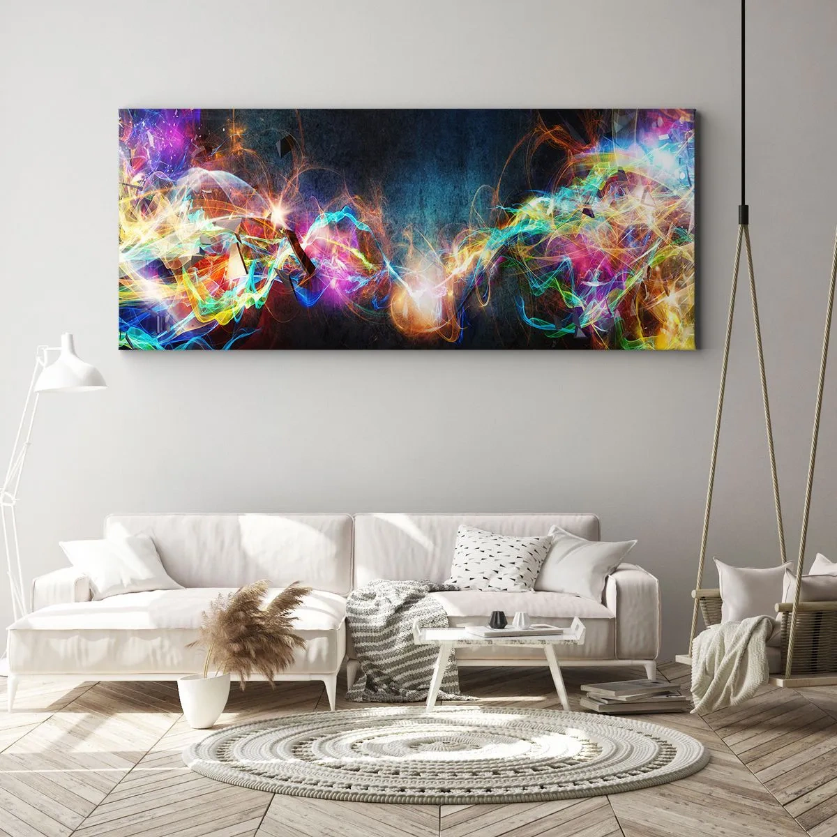 Obraz na płótnie - Kolorowe rozbłyski światła w abstrakcyjnej kompozycji - 160x50cm - Radośnie przeciw ciemności - Nowoczesna dekoracja ścienna do salonu i sypialni ARTTOR