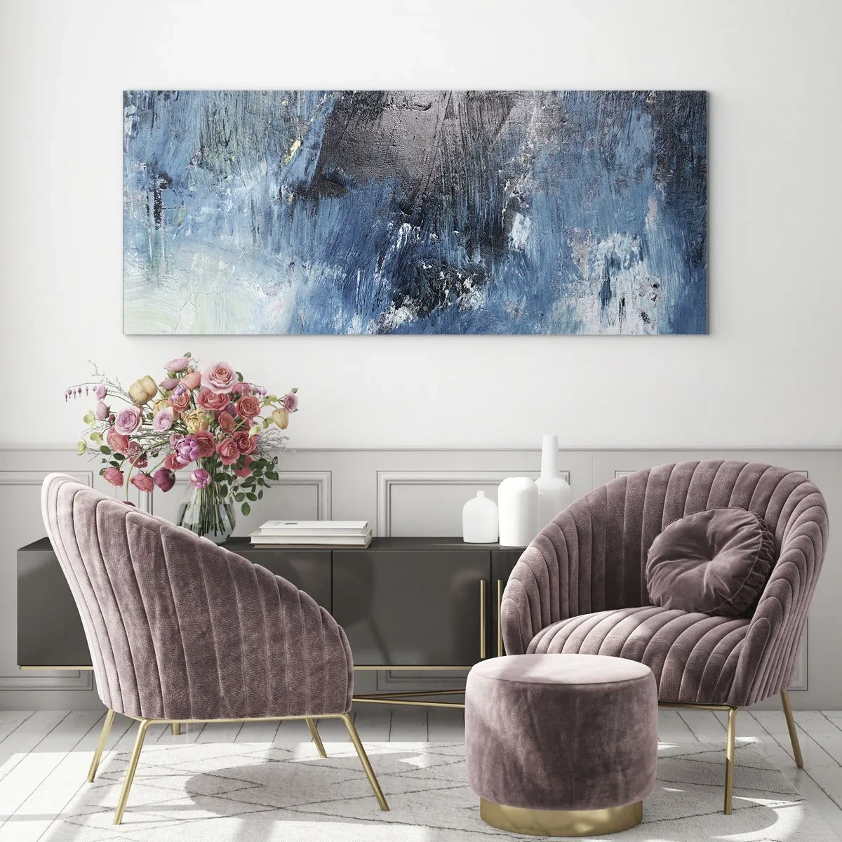 Obraz na szkle - Abstrakcyjne pociągnięcia pędzla w odcieniach niebieskiego - 140x50cm - Błękitna rapsodia - Nowoczesna dekoracja ścienna do salonu i sypialni ARTTOR