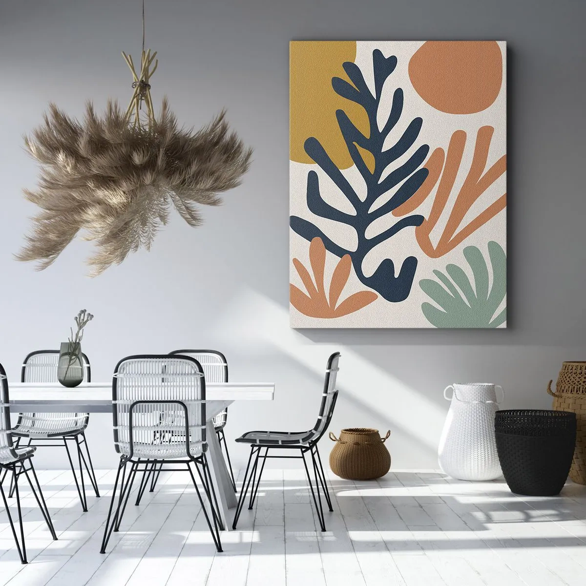 Obraz na płótnie - Abstrakcyjna kompozycja roślinnych kształtów w odcieniach koralu, granatu i złota - 50x70cm - Koralowe morza - Nowoczesna dekoracja ścienna do salonu, kuchni i sypialni ARTTOR