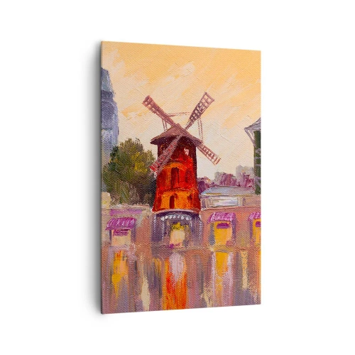 Obraz na płótnie - Czerwony wiatrak Moulin Rouge otoczony miejskim pejzażem - 80x120cm - Paryskie ikony – Moulin Rouge - Nowoczesna dekoracja ścienna do salonu i sypialni ARTTOR