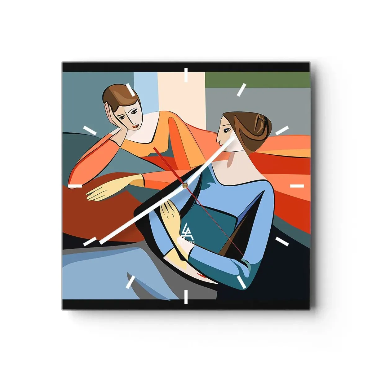Zegar ścienny - Abstrakcyjna ilustracja dwóch kobiet w stylu kubistycznym - 30x30cm - Chwila zwierzeń - Nowoczesna dekoracja ścienna do salonu i sypialni ARTTOR