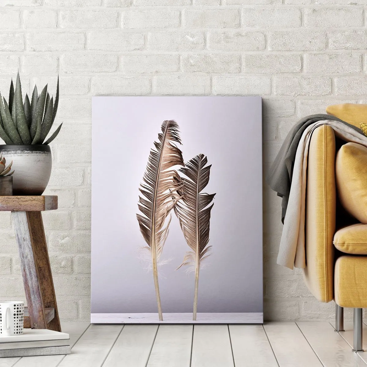 Obraz na płótnie - Delikatne pióra na jasnym tle w minimalistycznym stylu - 70x100cm - Przeciw nicości - Nowoczesna dekoracja ścienna do salonu i sypialni ARTTOR