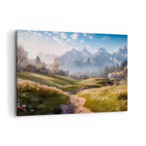 Obraz na płótnie - Górska dolina z łąkami, chatami i widokiem na szczyty - 100x70cm - Sielska dolina - Nowoczesna dekoracja ścienna do salonu, kuchni i sypialni ARTTOR