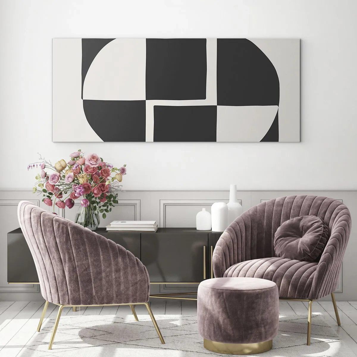 Obraz na szkle - Abstrakcyjne kształty geometryczne w czerni i bieli - 120x50cm - Antyteza – synteza - Nowoczesna dekoracja ścienna do salonu i sypialni ARTTOR