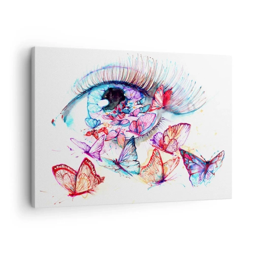 Obraz na płótnie - Akwarelowe oko otoczone kolorowymi motylami - 70x50cm - Bajkowy oczu czar - Nowoczesna dekoracja ścienna do salonu i sypialni ARTTOR
