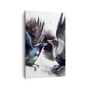 Obraz na płótnie - Artystyczne kruki w dynamicznej kompozycji akwarelowej - 80x120cm - Kruk krukowi… - Nowoczesna dekoracja ścienna do salonu i sypialni ARTTOR