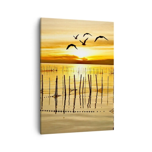 Obraz na płótnie - Ptaki nad spokojnym jeziorem o zachodzie słońca - 50x70cm - Na łowisku - Nowoczesna dekoracja ścienna do salonu, kuchni i sypialni ARTTOR