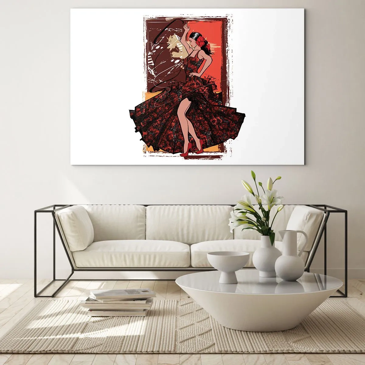 Obraz na szkle - Tancerka flamenco w eleganckiej czerwono-czarnej sukni - 120x80cm - W rytmie serca - Nowoczesna dekoracja ścienna do salonu, kuchni i sypialni ARTTOR