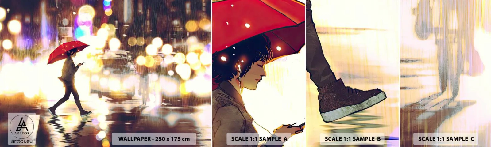 Fototapeta Próbka Standard Eco - A jednak słoneczna - Miasto, Spacer W Deszczu, Parasol - 100x30 cm