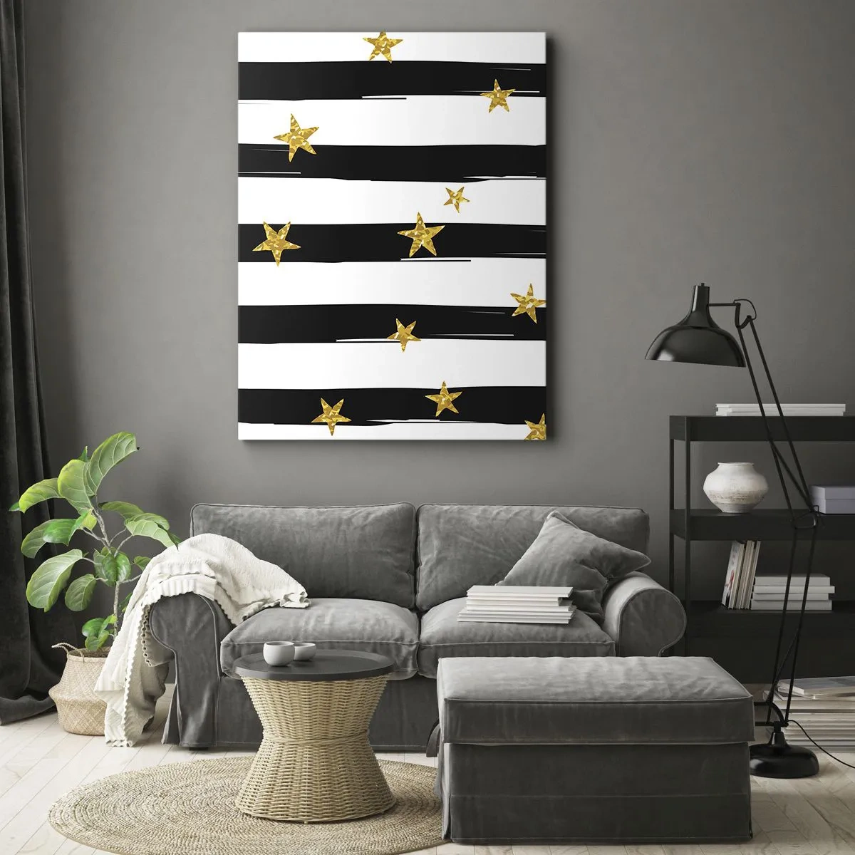 Obraz na płótnie - Czarno-białe pasy z złotymi gwiazdami na tle - 50x70cm - Wszyscy urodziliśmy się pod szczęśliwą gwiazdą - Nowoczesna dekoracja ścienna do salonu, kuchni i sypialni ARTTOR