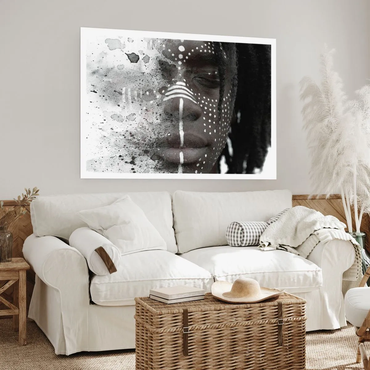 Plakat - Artystyczny portret twarzy z abstrakcyjnymi białymi wzorami - 100x70cm - Odkryj pierwotnego ducha - Nowoczesna dekoracja ścienna do salonu i sypialni ARTTOR