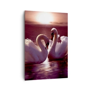 Obraz na płótnie - Dwa łabędzie na spokojnym jeziorze o zachodzie słońca - 70x100cm - Aż śmierć nas nie rozłączy - Nowoczesna dekoracja ścienna do salonu i sypialni ARTTOR