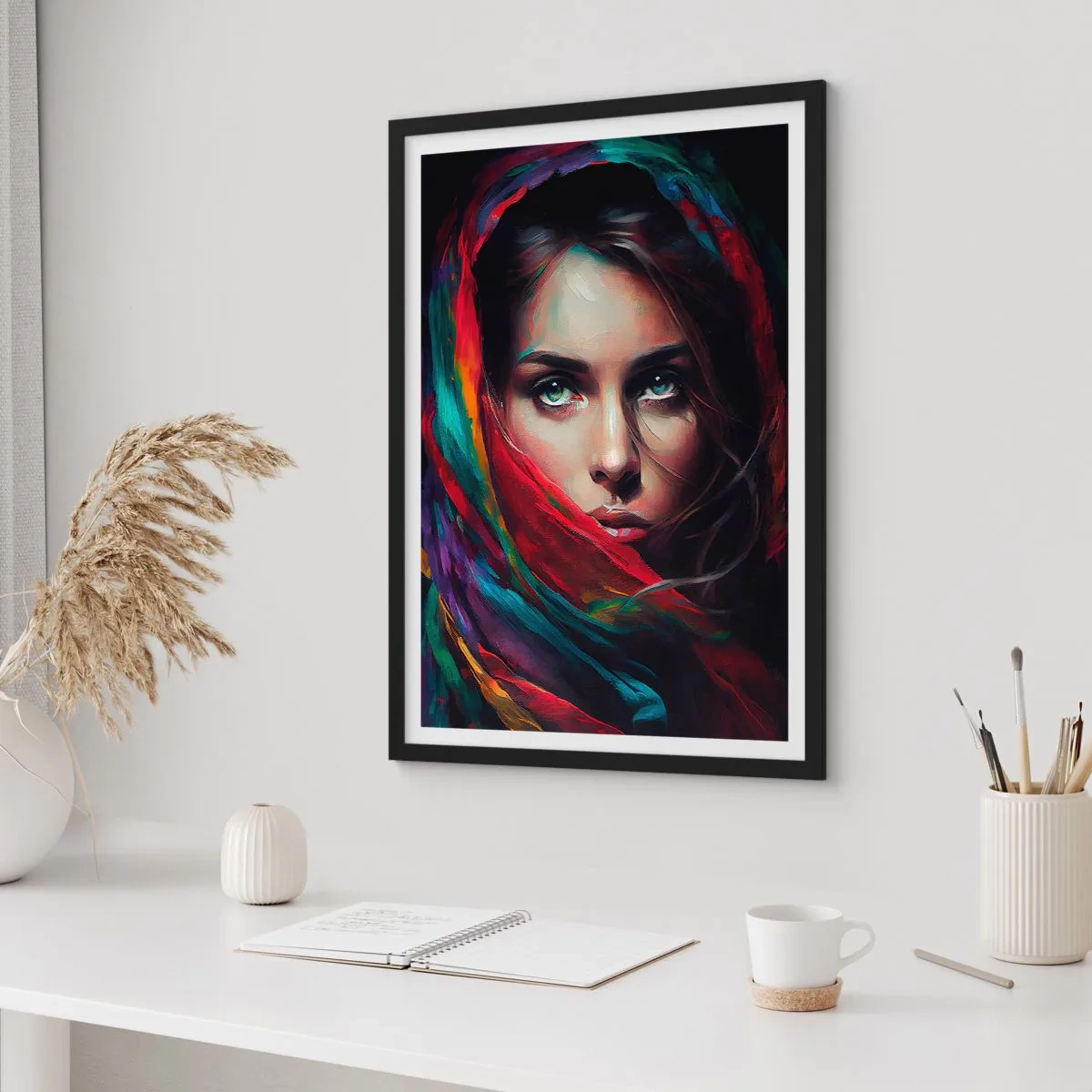 Plakat w czarnej ramie - Portret kobiety w kolorowej chuście - 50x70cm - Zielonooka tajemnica - Nowoczesna dekoracja ścienna do salonu i sypialni ARTTOR