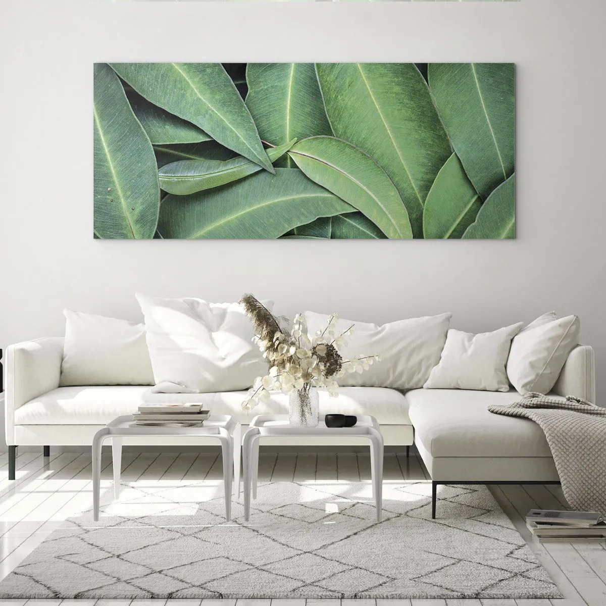 Obraz na szkle - Zbliżenie na zielone liście tworzące naturalny wzór - 120x50cm - Soczyste i świeże - Nowoczesna dekoracja ścienna do salonu i sypialni ARTTOR