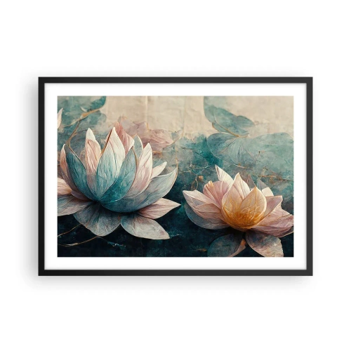 Plakat w czarnej ramie - Subtelne lilie wodne w pastelowych odcieniach błękitu i złota - 70x50cm - Gwiazdy jeziora - Nowoczesna dekoracja ścienna do salonu i sypialni ARTTOR