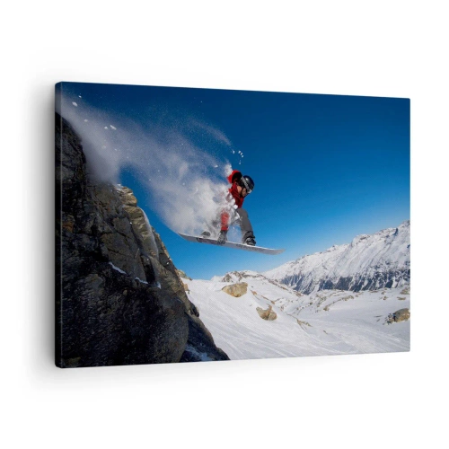 Obraz na płótnie - Snowboardzista skaczący ze skały na tle górskiego krajobrazu - 70x50cm - I stałeś się częścią przestrzeni - Nowoczesna dekoracja ścienna do salonu i sypialni ARTTOR