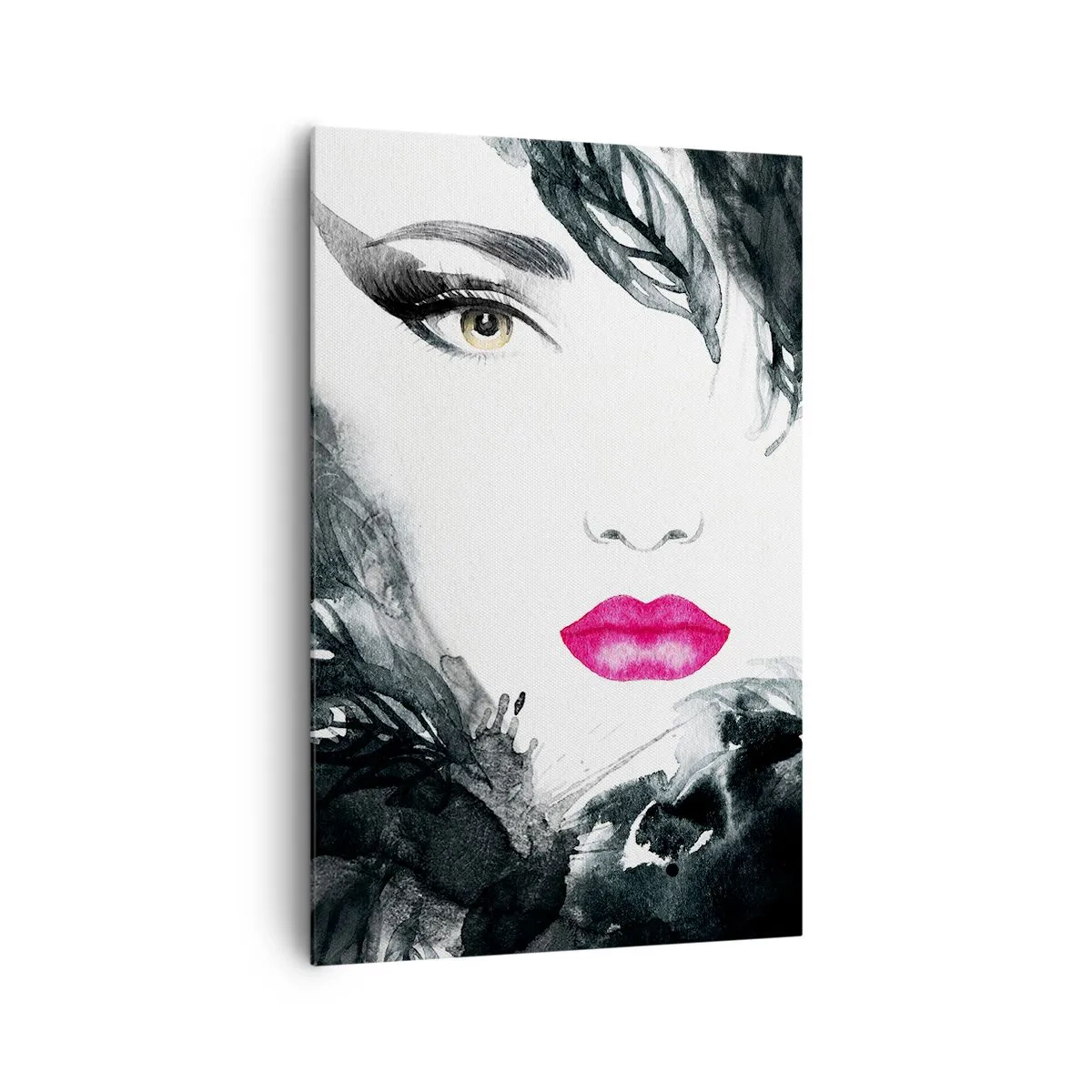 Obraz na płótnie - Artystyczny portret kobiety z intensywnie różowymi ustami - 80x120cm - Uwaga! Femme fatale - Nowoczesna dekoracja ścienna do salonu i sypialni ARTTOR