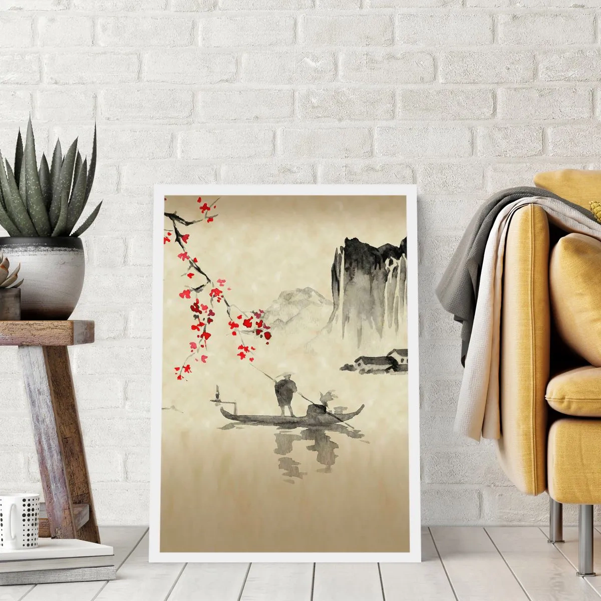Plakat - Orientalna scena z rybakami na łodzi - 50x70cm - W kraju kwitnącej wiśni - Nowoczesna dekoracja ścienna do salonu, kuchni i sypialni ARTTOR