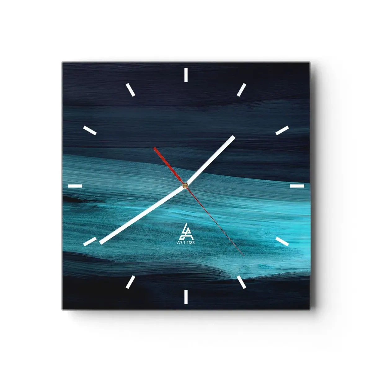 Zegar ścienny - Subtelne abstrakcyjne fale w ciemnych odcieniach błękitu - 30x30cm - Popłyń z nurtem - Nowoczesna dekoracja ścienna do salonu i sypialni ARTTOR