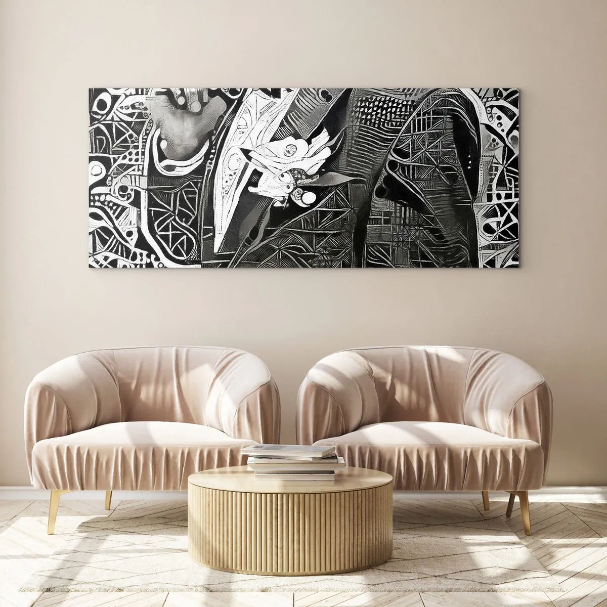 Obraz na szkle - Elegancka abstrakcja z mężczyzną w garniturze w czerni i bieli - 140x50cm - Tylko na pozór szary człowiek - Nowoczesna dekoracja ścienna do salonu i sypialni ARTTOR