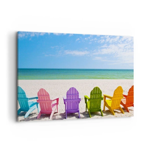 Obraz na płótnie - Kolorowe leżaki na plaży z widokiem na morze - 100x70cm - Tęczowa plaża - Nowoczesna dekoracja ścienna do salonu, kuchni i sypialni ARTTOR