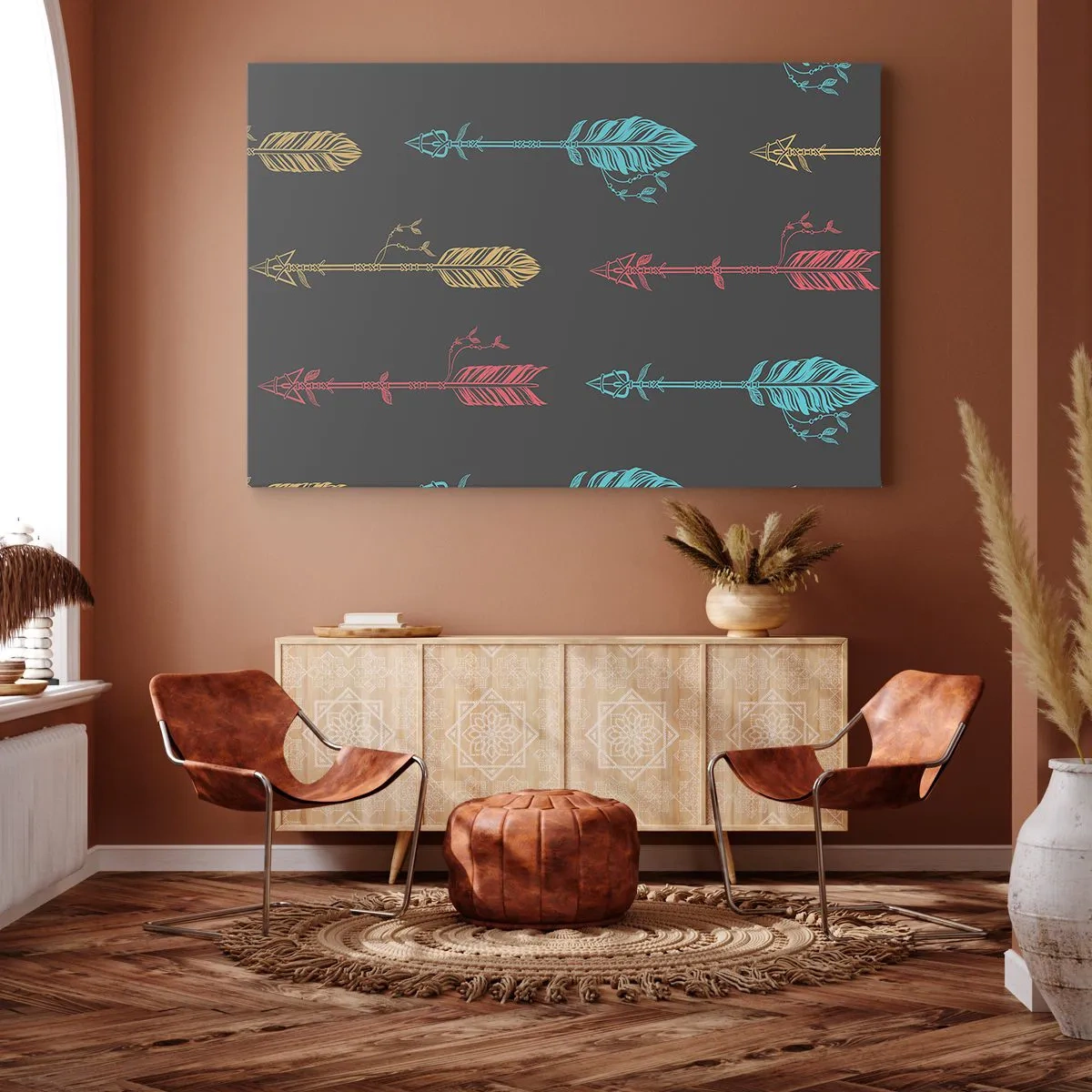 Obraz na płótnie - Stylizowany wzór strzał w pastelowych kolorach na ciemnym tle - 100x70cm - W ordynku - Nowoczesna dekoracja ścienna do salonu, kuchni i sypialni ARTTOR