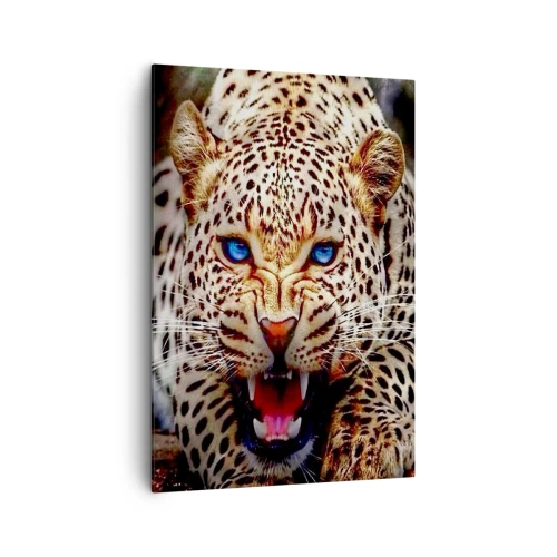Obraz na płótnie - Groźny leopard z intensywnie błękitnymi oczami - 70x100cm - Złość piękności nie szkodzi - Nowoczesna dekoracja ścienna do salonu i sypialni ARTTOR