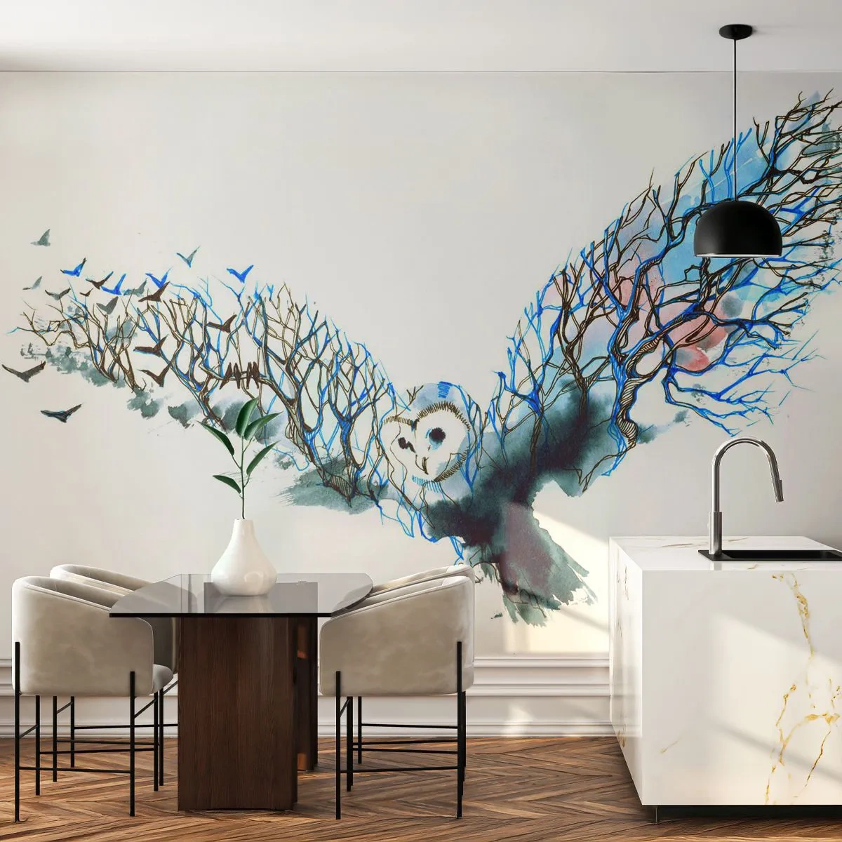 Fototapeta Standard Eco - Sowa z rozpostartymi skrzydłami utworzonymi z gałęzi - 100x70cm - Na skrzydłach lasu - Nowoczesna dekoracja ścienna do salonu i sypialni ARTTOR