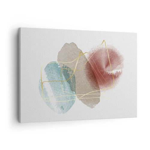 Obraz na płótnie - Abstrakcyjne formy z delikatnymi kolorami i złotymi liniami - 70x50cm - Korale przestrzeni - Nowoczesna dekoracja ścienna do salonu i sypialni ARTTOR