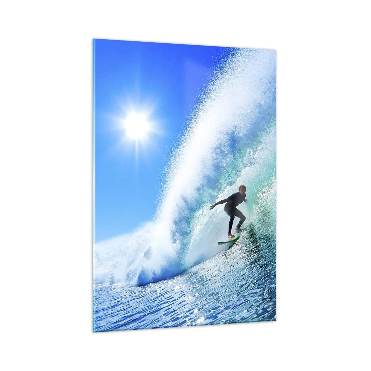 Obraz na szkle - Surfer na fali w słoneczny dzień - 50x70cm - Przez wielki błękit - Nowoczesna dekoracja ścienna do salonu, kuchni i sypialni ARTTOR