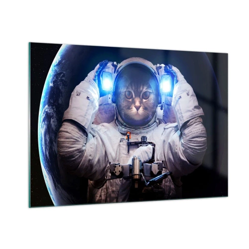 Obraz na szkle - Kosmonauta z głową kota w przestrzeni kosmicznej - 100x70cm - Houston, macie problem - Nowoczesna dekoracja ścienna do salonu, kuchni i sypialni ARTTOR