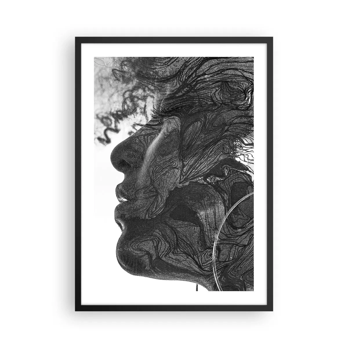 Plakat w czarnej ramie - Profil kobiecej twarzy z abstrakcyjnymi wzorami i detalami - 50x70cm - Zaplątana w marzeniach - Nowoczesna dekoracja ścienna do salonu i sypialni ARTTOR
