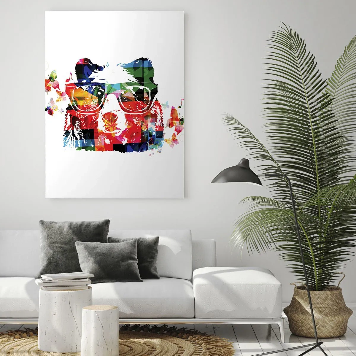 Obraz na szkle - Kolorowy niedźwiedź w okularach w stylu pop-art z motywem muzycznym - 50x70cm - Podoba misie! - Nowoczesna dekoracja ścienna do salonu, kuchni i sypialni ARTTOR