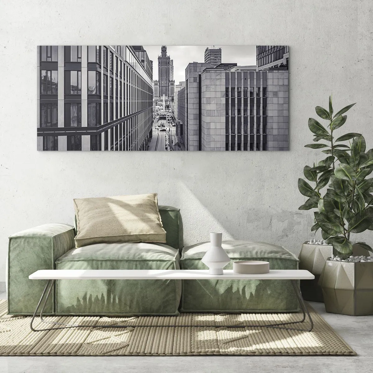 Obraz na szkle - Panorama Warszawy z widokiem na Pałac Kultury i otaczające budynki - 140x50cm - Warszawska dolina - Nowoczesna dekoracja ścienna do salonu i sypialni ARTTOR