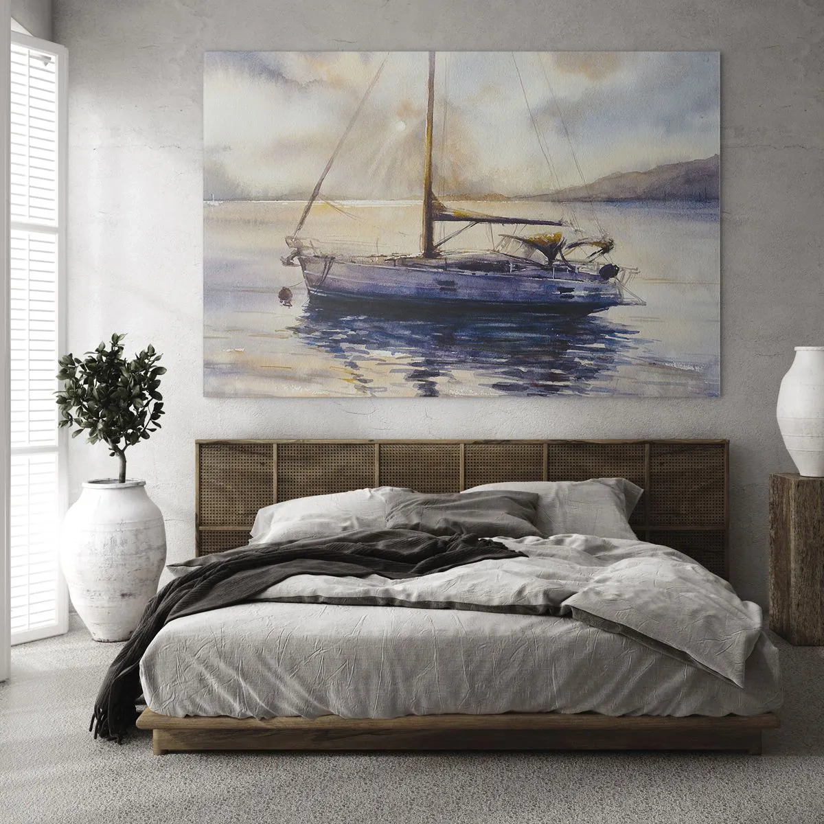 Obraz na szkle - Jacht zacumowany o zmierzchu w spokojnej zatoce - 70x50cm - Wieczór w zatoce - Nowoczesna dekoracja ścienna do salonu i sypialni ARTTOR