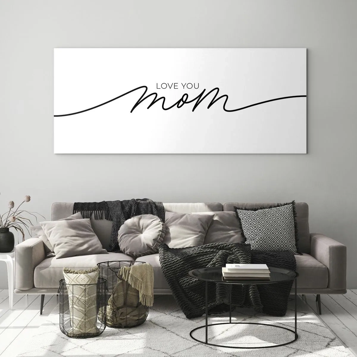 Obraz na szkle - Minimalistyczny napis Love You Mom na białym tle - 120x50cm - Wielkie wzruszenie - Nowoczesna dekoracja ścienna do salonu i sypialni ARTTOR