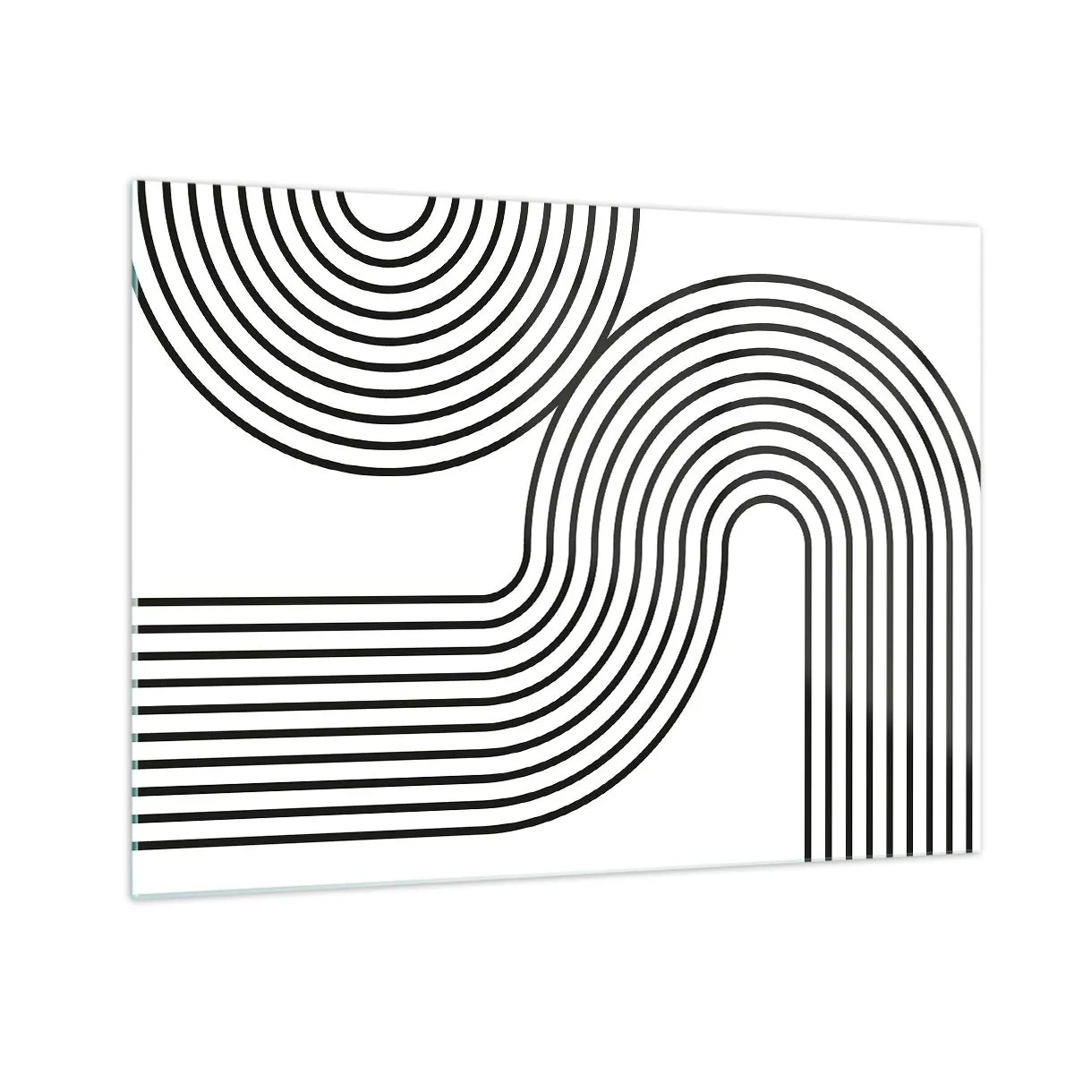 Obraz na szkle - Czarno-biała grafika z zakrzywionymi równoległymi liniami - 70x50cm - Na zakręcie - Nowoczesna dekoracja ścienna do salonu i sypialni ARTTOR