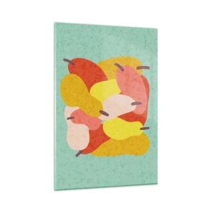 Obraz na szkle - Kolorowe abstrakcyjne gruszki na tle zielonym - 80x120cm - Spróbuj letniego słońca - Nowoczesna dekoracja ścienna do salonu i sypialni ARTTOR