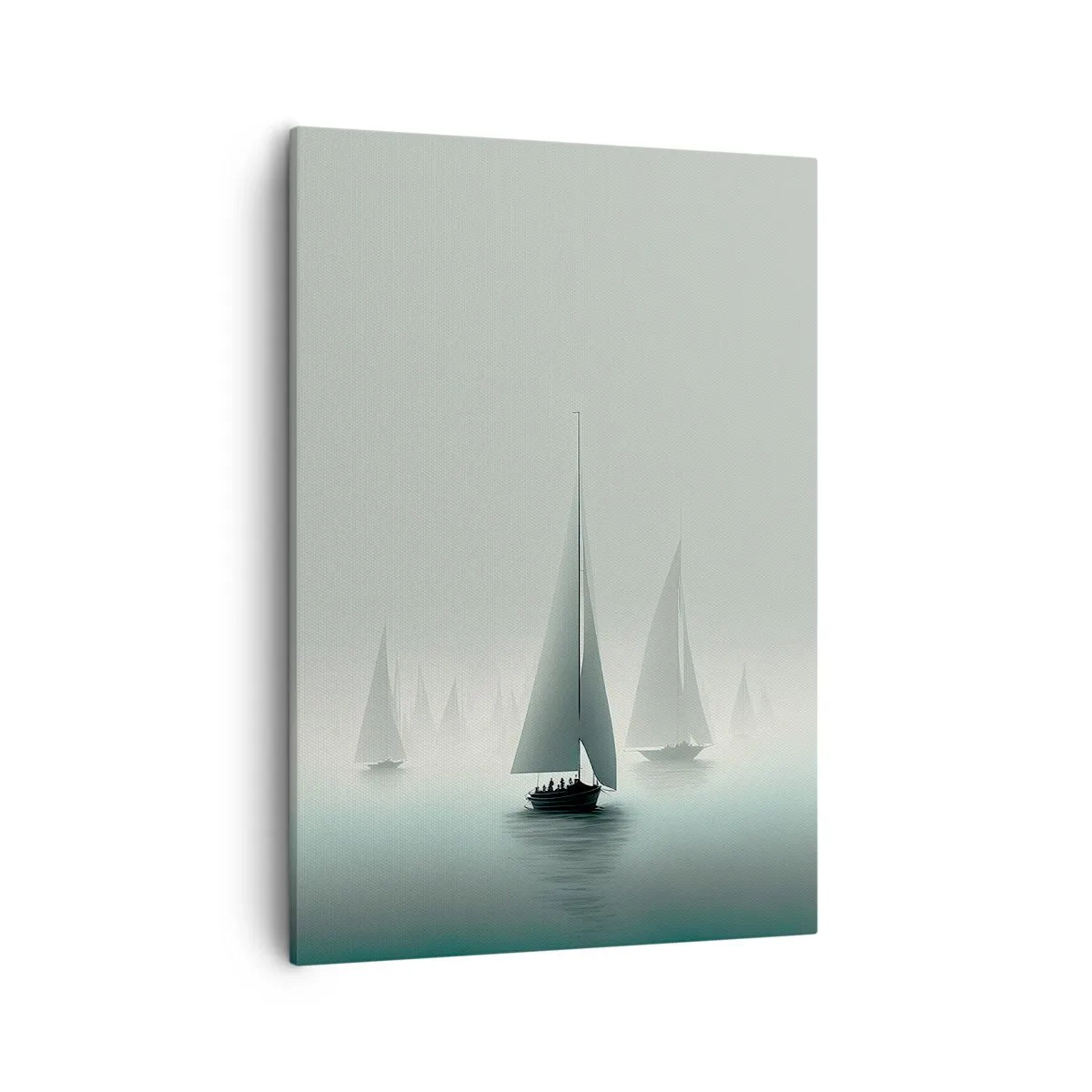 Obraz na płótnie - Żaglówki na spokojnym morzu otoczone tajemniczą mgłą - 50x70cm - Zbudowane z mgły - Nowoczesna dekoracja ścienna do salonu, kuchni i sypialni ARTTOR